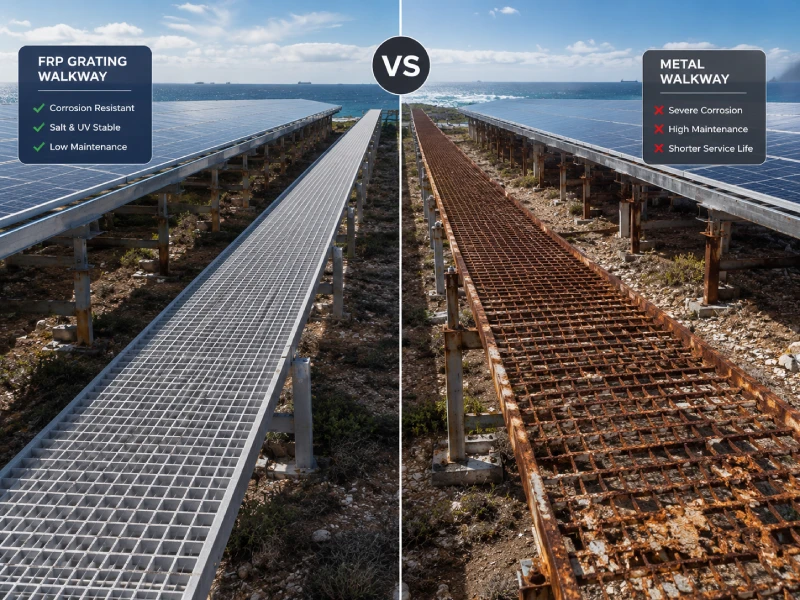 Hvorfor FRP-rist er det beste materialet for PV O&M-gangveier (FRP-solgitter vs metall)